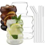 Vexillic Gerippte Trinkgläser mit Glasstrohhalmen, Cocktailgläser 4er Set 350ml Eiskaffee Gläser Bubble für Wasser Eiskaffee Soda Saft mit Bürsten