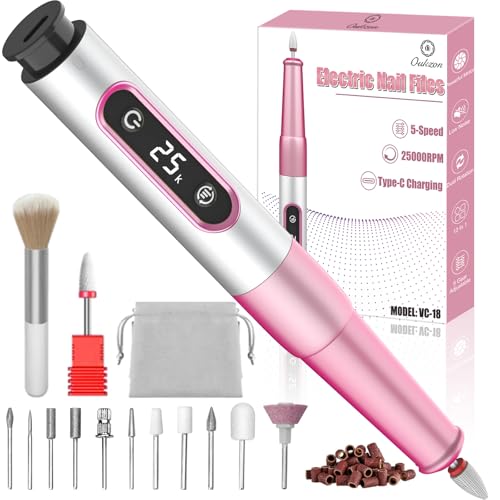 Oukzon Nagelfräser Kabellos, 12 in 1 Fräser für Gelnägel, 25000 U/Min Elektrische Nagelfeile Professionell, Nagelfräser für Gelnägel, 5 Gear Fräser Nägel Electric Nail Drill, Maniküre Pediküre Set