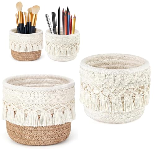 URCHUZE Boho Makramee Stifthalter Set, 2 Stück, Schreibtisch Organizer mit Quasten, 12 cm x 10 cm, Beige und Jute