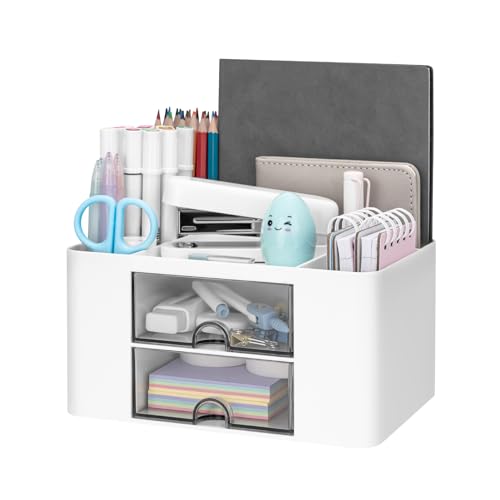 RISEMART Schreibtischorganisator mit 2 Schubladen, multifunktionaler Stifthalter für den Schreibtisch, Schreibtischorganisatoren und Aufbewahrung mit 5 Fächern, Desktop-Organizer für Büro