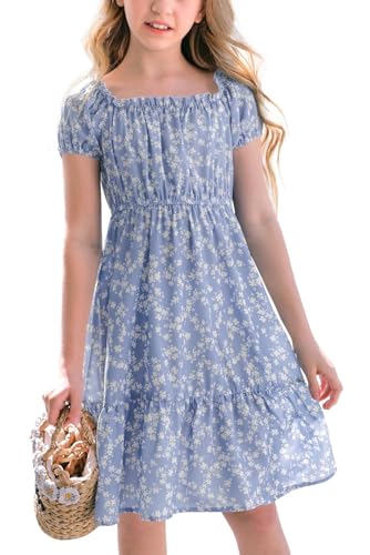 Haloumoning Mädchen Kleider Eckiger Ausschnitt Blumenkleid Kleider Sommer Puffärmel A-Linie Midikleid Kinder Partykleid,Blau,13-14 Jahre