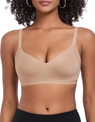 ANGOOL Damen BH Ohne Bügel Mittlerer Halt Sport BH Rückenverschluss Verstellbar Träger Klassische Schlaf Bra Gepolstert V-Ausschnitt Seamless, Beige, M