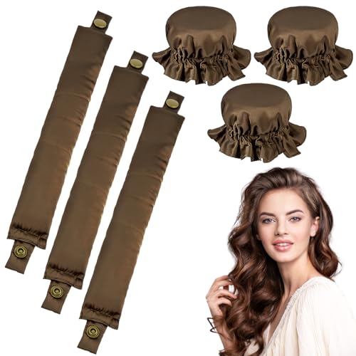 Locken Ohne Hitze, 3 Stück Heatless Curls Set Lockenwickler, Neu Rutschfest Heatless Curls, Heatless Curls Silk Haarcurler für Kurzes, Mittleres, Langhaarmädchen, DIY Overnight Curls(Braun)