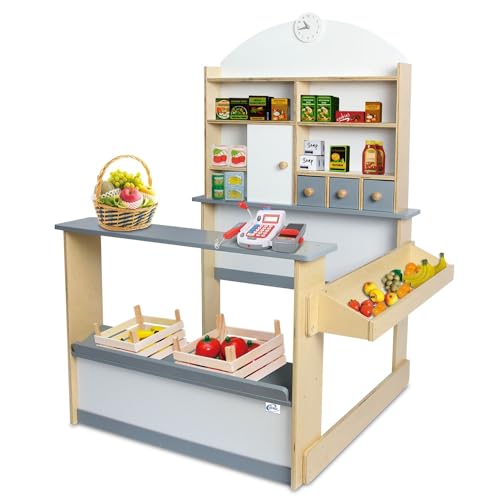Coemo Kaufladen Kinder Kaufmannsladen Lilly Holz Verkaufsstand mit 3 Schubladen Schrank Uhr Theke Seitentheke (Grau)