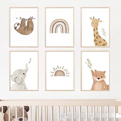 MeinBaby123® Poster Kinderzimmer 6er Set DIN A4 Wandbilder Bilder Boho Babyzimmer Deko Wandposter Premium (Faultier & Freunde 6er Set)