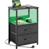 Rolanstar Beistelltisch mit LED-Beleuchtung, Nachttisch mit 2 Schubladen, USB-Anschluss & versteckter Steckdose, Sofatisch für Schlafzimmer und Wohnzimmer, Schwarz