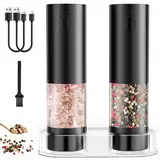 Salz und Pfeffermühle Elektrisch, Wiederaufladbare Pfeffermühle mit 5 Stufen einstellbarem Keramik Mahlwerk, Basis, LED Licht, 100mL große Gewürzmühlen für Küche, Grill & Restaurant - 2er Set(Schwarz)