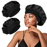 Mugust 2 Stück Satin Bonnet, Satin Haarhaube, Haarhaube für Die Nacht, Seidenhaube zum Schlafen, Wiederverwendbare Silk Bonnet Seidenhaube für Damen und Mädchen (Schwarz+Schwarz)
