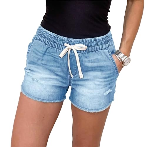 OULIWANGLUO Damen Kordelzug Elastischer Bund Denim Shorts Mittlere Taille Lockere Denim Kurze Hose Sommer Casual Bequeme Kurze Jeans für Frauen (Baby Blau,2XL)