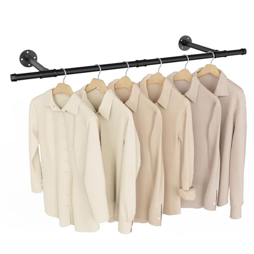 Yawinhe Kleiderstange zur Wandmontage, Abnehmbare Kleiderständer im Industrie-Design,112 cm Rohr-Kleidergestell Wandaufhänger für Kleidung Lagerung,für Wohnzimmer, Schwarz, 1-Pack