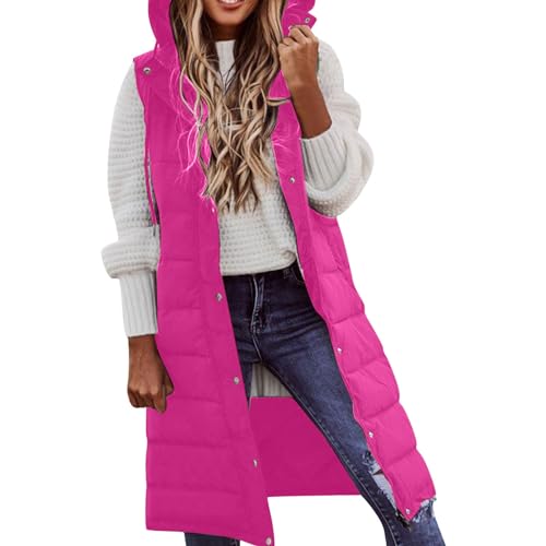 Chanpning Steppweste Damen mit Kapuze Lang Plus Size Long-Steppweste Lange Schlanke Weste Jacke Bequem Täglich Steppweste Dünner Und Leichter Daunenmantel Winddichte Fleece Damenweste Baumwolle Weste