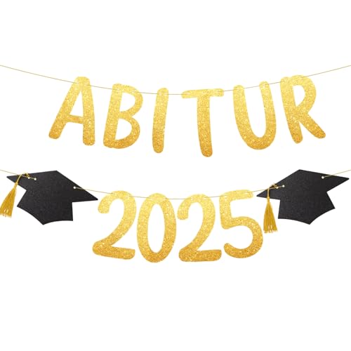 BETESSIN ABI 2025 Deko Gold Glitzer - Abitur 2025 Girlande mit Absolventenhut Motive - Graduation Dekoration für Abi Abschlussfeiern, Abitur Prüfungserfolge, Abitur 2025 Geschenke UVM.