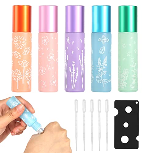 BIBARAJM 5 Stück Roller Flaschen Glas Roll On Flaschen 10ml Roller Flaschen Nachfüllbare Tragbare Praktische Roller Flaschen für die Aufbewahrung und Anwendung von ätherischen Ölen und Parfums