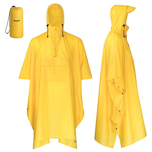 AWHA Regenponcho Damen und Herren wasserdicht und extra lang zum Wandern, Reiten, Fahrrad fahren - Outdoor Regenschutz wiederverwendbar mit Tasche, gelb, L/XL