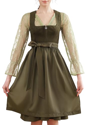 EIISSION Dirndl Damen midi Lang Dirndl Grün Trachtenkleid Trachtenrock Dirndl-Komplettsets Trachtenmode Trachten Damen mit 3 Teilig Schürze Dirndlbluse Oktoberfest Dresses Dirndlkleid 34