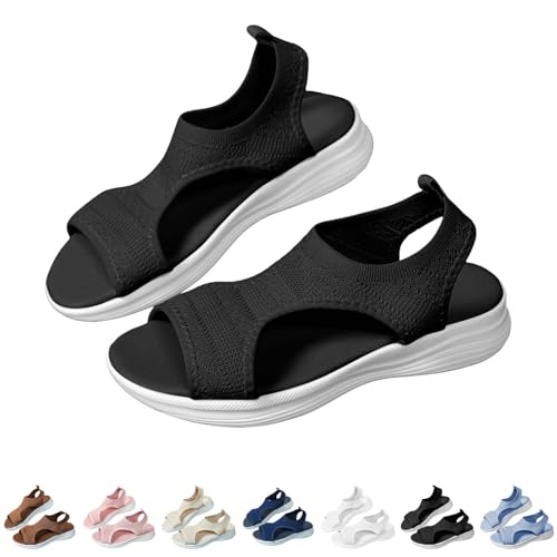Schuhe Damen, Sandalen Damen Sommer Waschbare Slingback Orthopädische Sport Netz Sandale Casual Strick Sandalen Plateau Slide mit Weiche Fussbett Bequem Sommerschuhe, schwarz 40