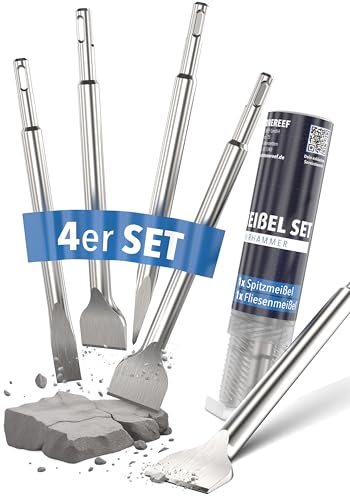 STONE REEF SDS Plus Meißel Set [4-teilig inkl. Fliesenmeißel], Sds Meißel, Meisel, Flachmeißel, Meissel, Sds Meißel Set, Meiselset für Bohrhammer, Spachtelmeißel, Spitzmeißel, Sds Meißel breit fliesen