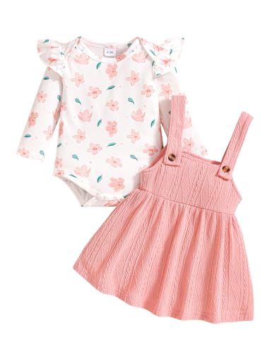 Borlai Kleinkind Baby Mädchen Kleidung Langarm Floral Strampler Hosenträger Gestrickter Rock Outfits Bekleidungsset Babykleidung