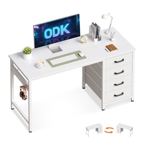 ODK Schreibtisch mit 4 Schubladen, 120×48×75.7cm Computertisch mit Kopfhörer Halter, PC Tisch Reversibler Bürotisch Holz für Heimbüro, Weiß