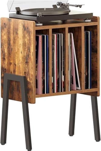 ACAZA Vinylmöbel Plattenspielertisch – Ständer für Plattenspieler und Schallplatten mit 4 Fächern – 66 x 40 x 30cm – Holz und Metall – Vintage Braun
