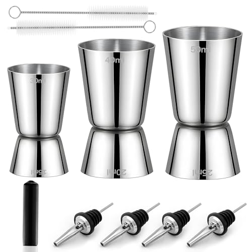 Cocktail Jigger Messbecher Edelstahl Barmaß 3cl/4cl/5cl Gin Measuring Cups Set Klein Doppelmaß Jigger mit 4 Flaschenausgießer 3 Bürste Zubehör für den Barkeeper 3 Stück