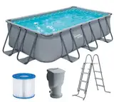 Summer Waves Frame Pool Komplettset | Rechteckig 400x200x100 cm Grau | Aufstellpool Set | Gartenpool & Schwimmbecken inkl. Filterpumpe, Filterpatrone & Einstiegsleiter