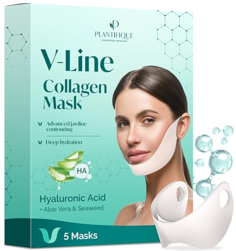 Plantifique Gesichtsmaske V-line Hyaluron Face Mask 5er Set | Face Tape | Doppelkinn | Face Mask Vegan | Masken Beauty | Jawline | Korean Beauty Kinn Straffen mit Mikrokollagen Komplex