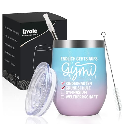 Livole Geschenk Einschulung Mädchen, Endlich gehts aufs Gymi, Geschenk zur 5. Klasse, Grundschule Abschluss, Gymnasium Einschulung Mädchen, 12oz 350ml Thermobecher to go, Isolierter Trinkbecher
