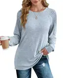 XIEERDUO Pullover Damen Sweatshirt Langarmshirt Herbst Winter Strickpullover Tunika Tshirt Elegant Oberteile Top Grau Blau XL