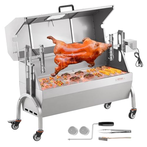 VEVOR Lammgrill, Spanferkelgrill, Spießbratengrill, 90 kg BBQ-Holzkohle-Spießgrill für ganzes Schwein, Lamm, Ziege, elektrischer 52-W-Motor, Edelstahl-Drehspießröster mit feststellbaren Rädern