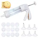 CAREDGO Gebäckpresse Spritzgebäck Presse Tortenspritze Krapfenspritze Kekspresse Cookie Press Set Garnierspritze mit 12 Schablonen und 6 Tüllen für DIY Plätzchen backen und Tortendekoration (Weiß)