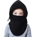 VJOLI Unisex Kinder Winter Mütze Jungen Mädchen Kapuzenschal, 5 in 1 Hut mit Warmen Schal Ski-Outdoor Sport Winter Schlupfmütze Cap 2-15 Jahren (Schwarz)