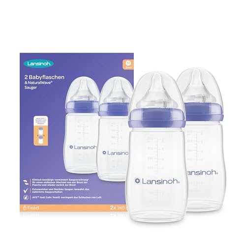 Lansinoh Babyflaschen mit NaturalWave Sauger Gr. M, 240 ml - Doppelpack - neues kompaktes Design für verbesserte Stabilität - mit stapelbarem Deckel