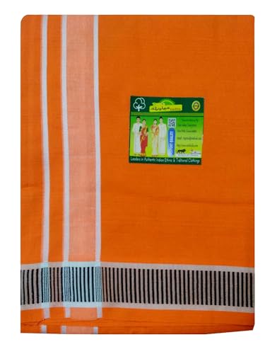 Stylesindia Herren Dhoti aus Baumwolle mit ausgefallener Bordüre, Kerala-Stil, Veshti Mundu Kaili Lungi, 2,0 m, Orange/Abendrot im Zickzackmuster (Sunset Chevron), Regulär