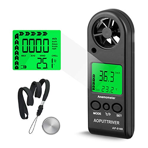 AOPUTTRIVER Windmesser Hand Digital LCD Wind Speed Meter Guages Air Flow Geschwindigkeit mit Hintergrundbeleuchtung messung Thermometer für Windsurfen Segeln Angeln etc