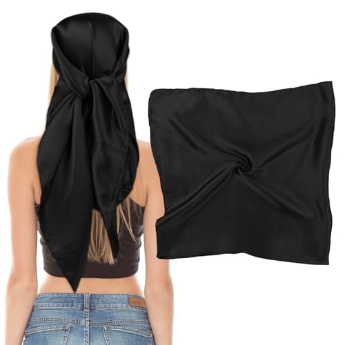 Bewudy Einfarbiger Kopftuch Seidentuch Halstuch für Damen, Einfaches Satin Bandana Schlaf Bandana Headscarf Haarschmuck 90 * 90cm Große Quadrat Schals(Schwarz)