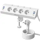 Tischsteckdose 4 Fach mit 2 USB C, Ecksteckdosenleiste mit 6 USB, Schreibtisch Steckdose, Küchensteckdose, Steckdosenleiste Wandmontage, Mehrfachsteckdose mit Schalter - 2M Weiß White 002