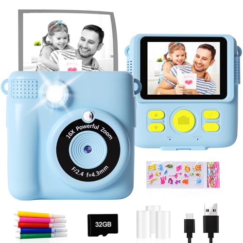 GKTZ Sofortbildkameras Kinder - 1080P HD Sofortdruck von Fotos - Geburtstag Geschenk für Mädchen im Alter von 4 5 6 7 8 9 10 Jahren - Tragbares Spielzeug mit 3 Rollen Fotopapier, 32-GB-Karte - Blau