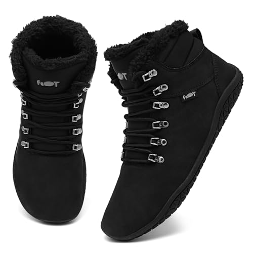 Geweo Barfußschuhe Winter Sneaker Stiefel Breite Walking Schuhe Barfuss Damen Herren Trail Minimalistische Warm Gefüttert Leder Zero Drop Solhe Fitness Weit rutschfest Wasserabweisend Schwarz 42EU