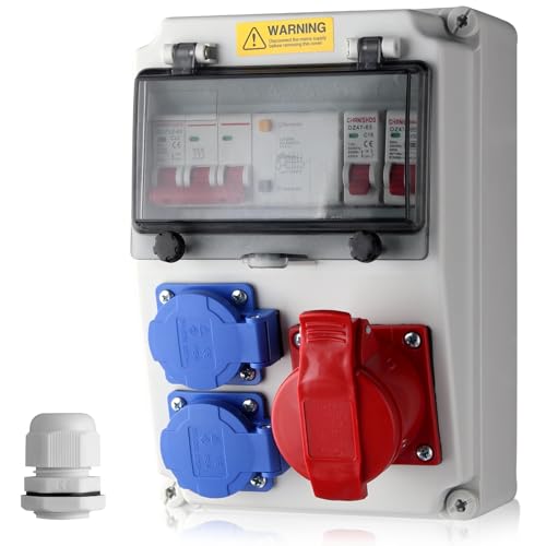 EYPINS Baustromverteiler mit LS+FI, Wandverteiler 2x 230V Schuko-Steckdosen, 1x CEE-Steckdosen 16A Stromverteiler IP66 Wasserdicht, flammhemmende ABS Verteiler für Innen und Außen Werkstätten Fabriken
