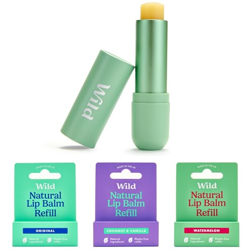 Wild Natürliches Nachfüllbares Lippenbalsam-Starter-Set - in salbeigrünem Aluminiumcase & 3er-Pack Lippenbalsam in verschiedenen Duftnoten - enthält die Düfte Original, Coconut & Vanilla, Watermelon