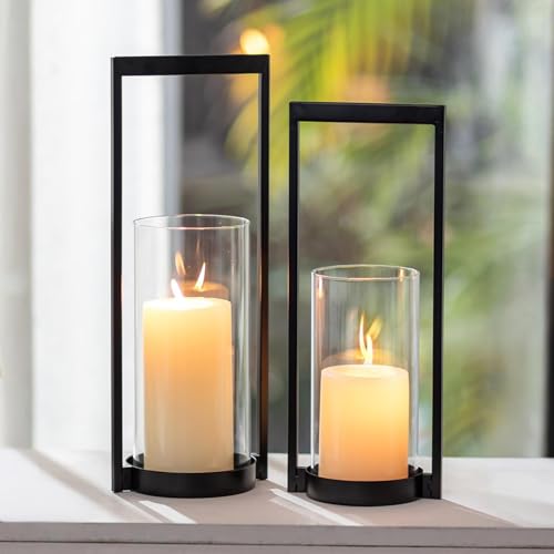 Sziqiqi Windlicht Kerzenständer Schwarz Deko: Modern Kerzenhalter Stumpenkerzen Metall mit Glaszylinder Tischdeko - Windlichter Glas Geometrisch für Wohnzimmer Fensterbank Outdoor Draußen