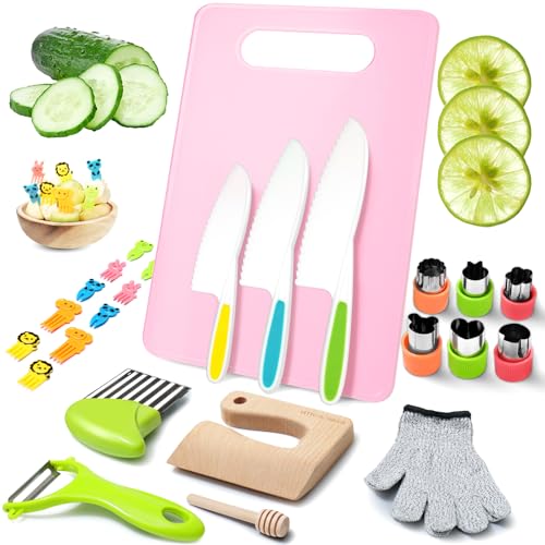 Kindermesser - 25-teiliges Kinder-Küchenmesser-Set für sicheres Kochen mit Holzmesser, Kinderschutzhandschuhen, Schneidebrett und mehr – Montessori Messer und Kinder Küchenmesser für kleine Köche