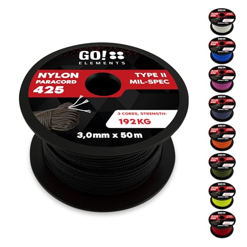 GO!elements 50m Paracord Seil aus reißfestem Nylon - 3mm Paracord 425 Typ II max. 192kg - Schnüre als Outdoor Seil, Allzweckseil, Survival Seil, Armband, Hundeleine, Nylonschnur, Farbe:Schwarz