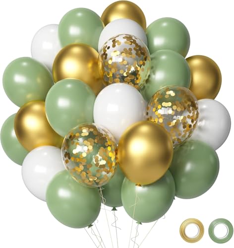 Grüne Luftballons Geburtstag, Salbei Grün Gold Weiß LuftBallons für Hochzeit,50 Stück 30cm Helium Ballons für Jungen Mädche Geburtstage, Hochzeit, Baby shower, Babyparty, Jubiläum Partydeko