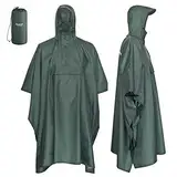 AWHA Regenponcho Damen und Herren wasserdicht und extra lang zum Wandern, Reiten, Fahrrad fahren - Outdoor Regenschutz wiederverwendbar mit Tasche, dunkelgrün, S/M