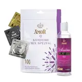 AMOR Premium Kondom und Gleitgel Set, Mix Special 100 Kondome Ø 53 mm, 5 Sorten + Vibratissimo Play Gel med 250 ml
