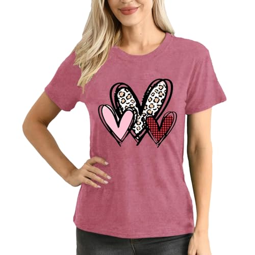 Damen Valentinstags-Shirt, Kariertes Leopardenmuster, bedrucktes T-Shirt, lässige Mode, kurzärmeliges T-Shirt Top Gerippt (S)