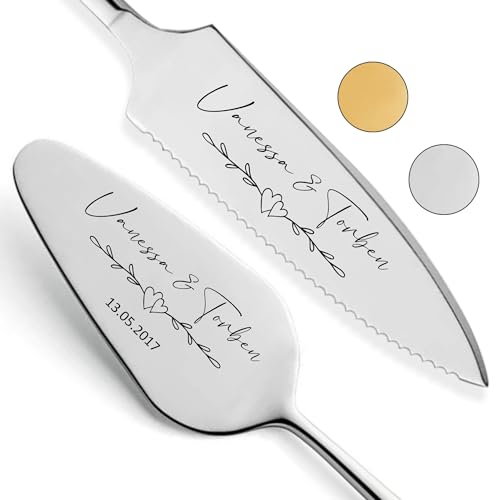 Tortenheber inkl. Tortenmesser im Set mit persönlicher Gravur als Geschenk zur Hochzeit, Jahrestag, Geburtstag - Hochzeitsgeschenke für Brautpaare - personalisierte (Namen_1, Silber)