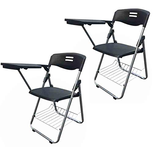 Set mit 2 schwarzen Kunststoff-Bürostühlen mit Schreibtafel, stabiler, kräftiger Stahlrahmen, perfekt für Schulungen, Konferenzen, Geschäftstreffen und Lernsitzungen.